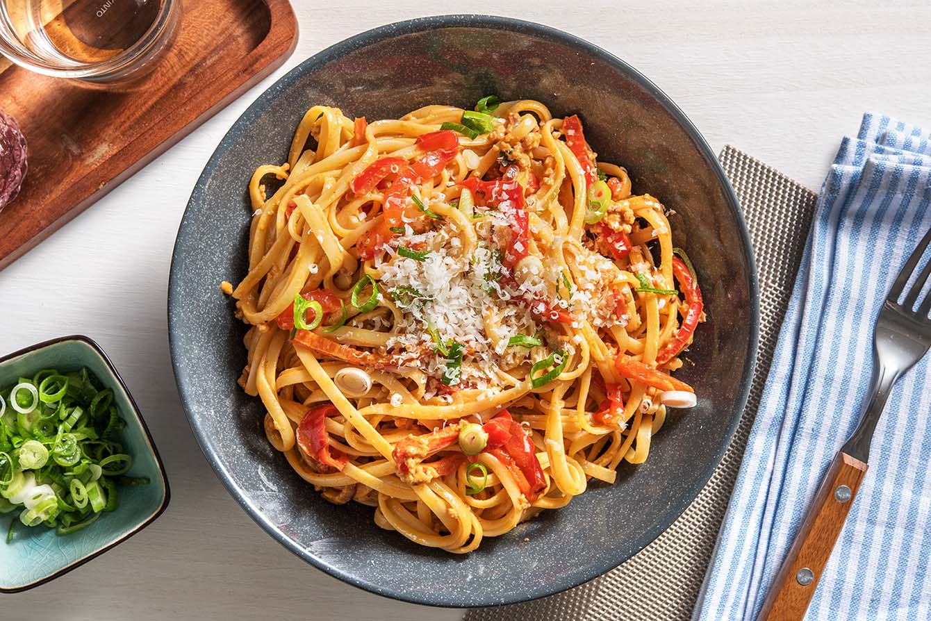 Cajun Turkey Alfredo with a roasted red pepper cream sauce