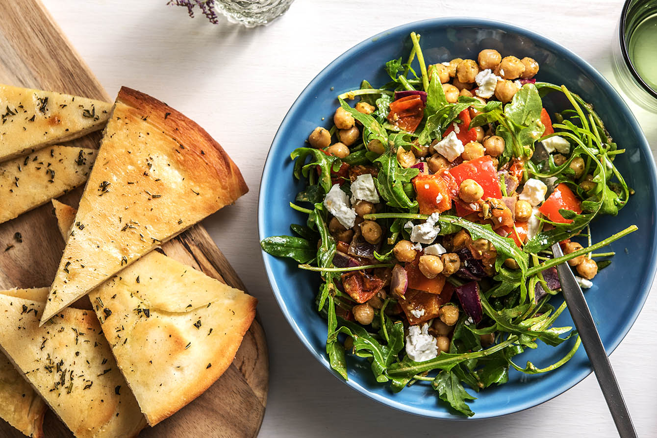 Warm Pesto Chickpea Salad with rosemary garlic focaccia