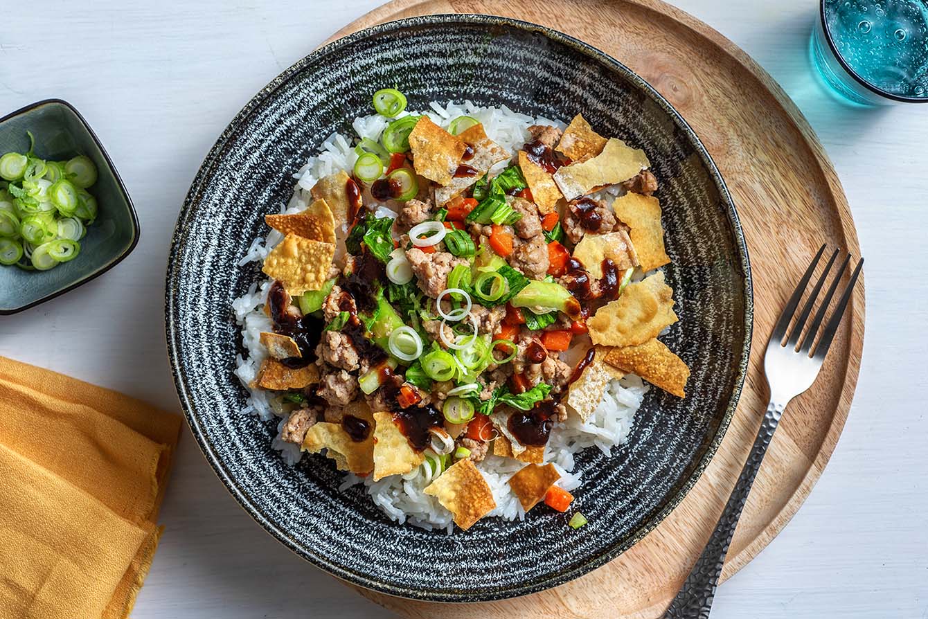 Korean Pork Spring Roll Bowls with jasmine rice